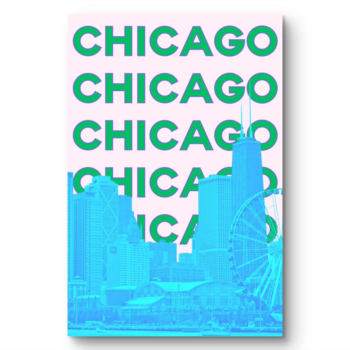 Chicago skyline with 'CHICAGO' text repeated in green on a pink background