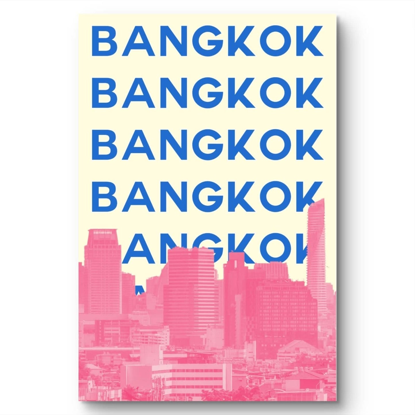 Repetition of 'BANGKOK' text with a cityscape silhouette on a yellow background