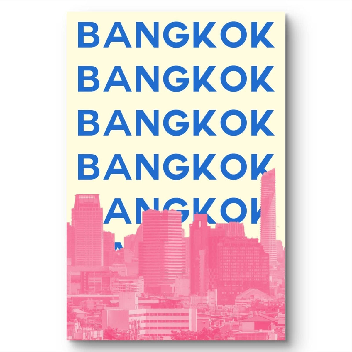 Repetition of 'BANGKOK' text with a cityscape silhouette on a yellow background