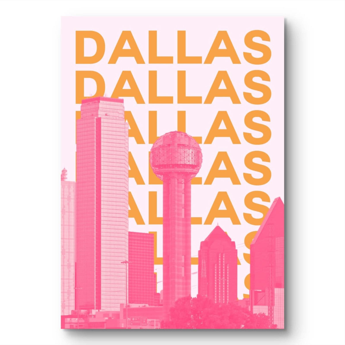 Pink city skyline with 'Dallas' text repeated on a white background