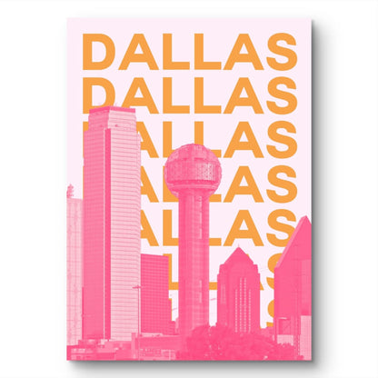 Pink city skyline with 'Dallas' text repeated on a white background