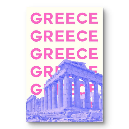 Framed artwork with Parthenon silhouette and 'Greece' text on a white background