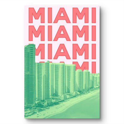 Poster with 'MIAMI' text repeated in red and a cityscape in green.