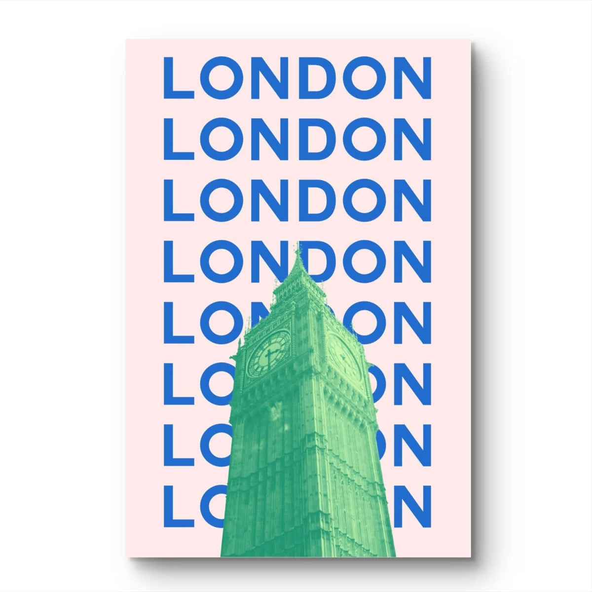 Poster with 'LONDON' text repeated in blue on a pink background, featuring an image of Big Ben.