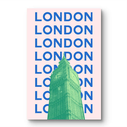Poster with 'LONDON' text repeated in blue on a pink background, featuring an image of Big Ben.