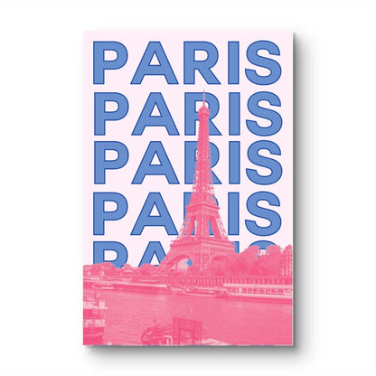 Poster with 'PARIS' text and a pink Eiffel Tower on a white background