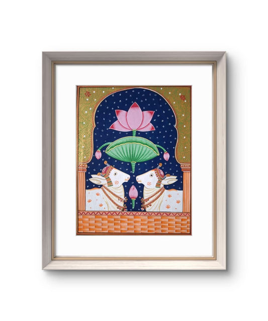 Handpainted- Two Pichwai Cows with Lotuses