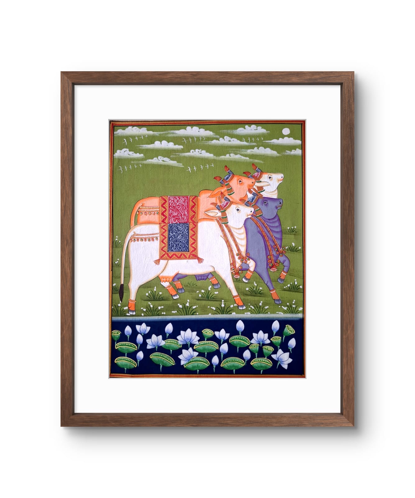 Handpainted- Four Pichwai Cows on green backdrop (Unframed)