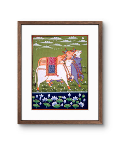 Handpainted- Four Pichwai Cows on green backdrop (Unframed)