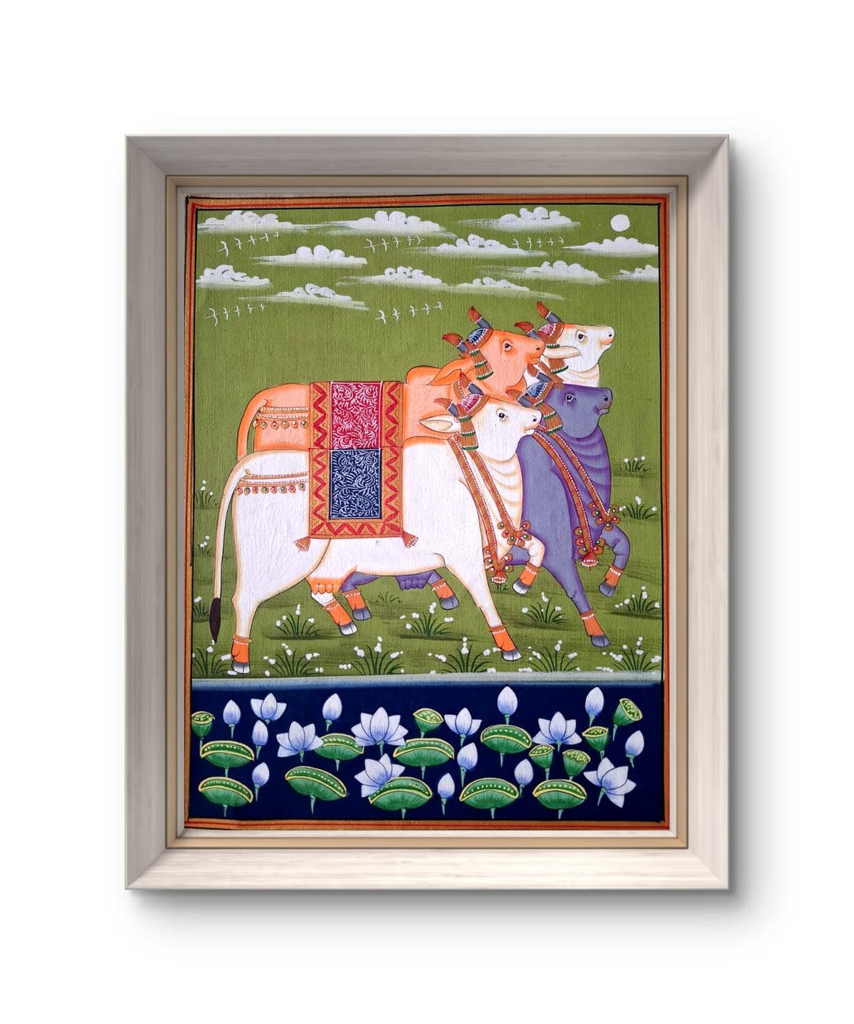 Handpainted- Four Pichwai Cows on green backdrop (Unframed)