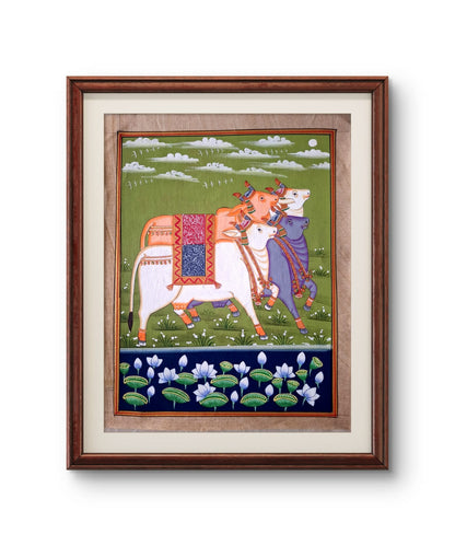 Handpainted- Four Pichwai Cows on green backdrop (Unframed)