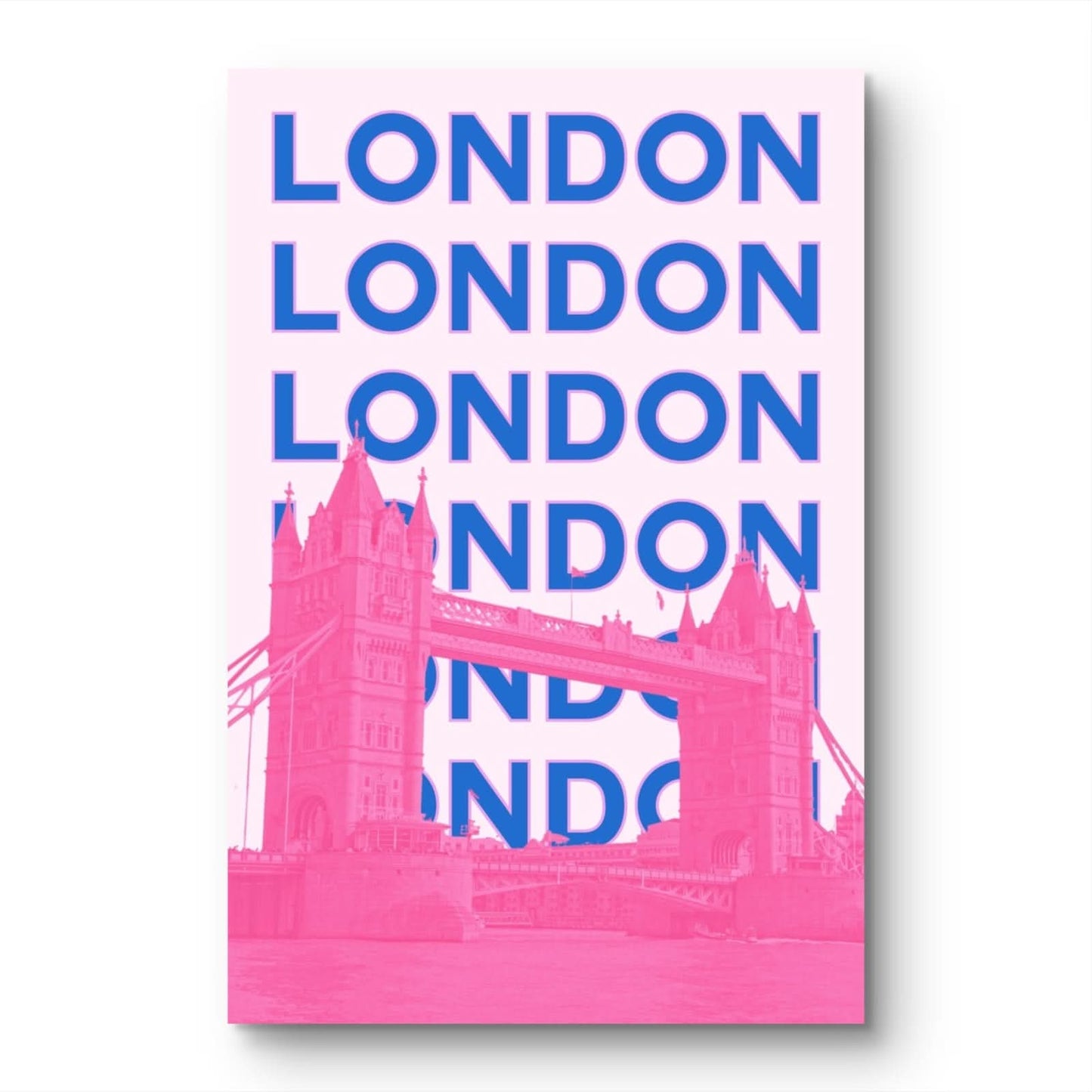 Poster with 'London' text and Tower Bridge silhouette on a pink background