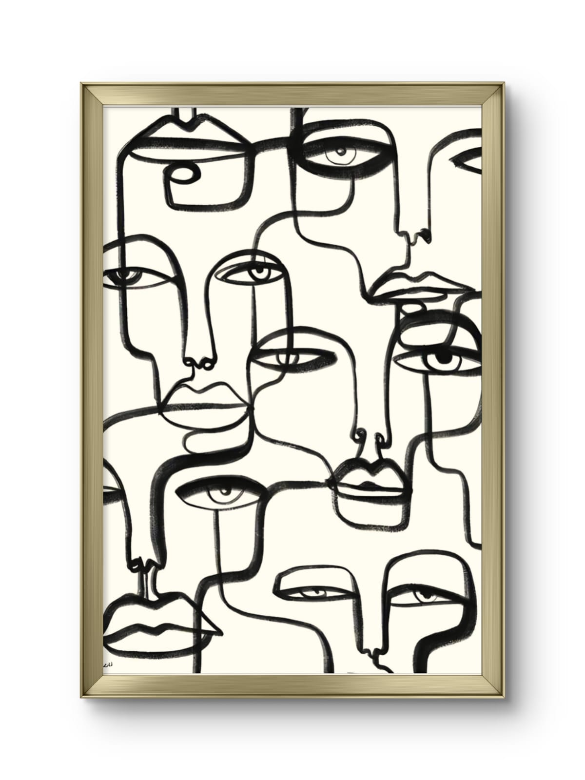 Framed abstract art print with black line drawings of faces on a white background