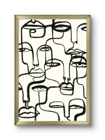 Framed abstract art print with black line drawings of faces on a white background