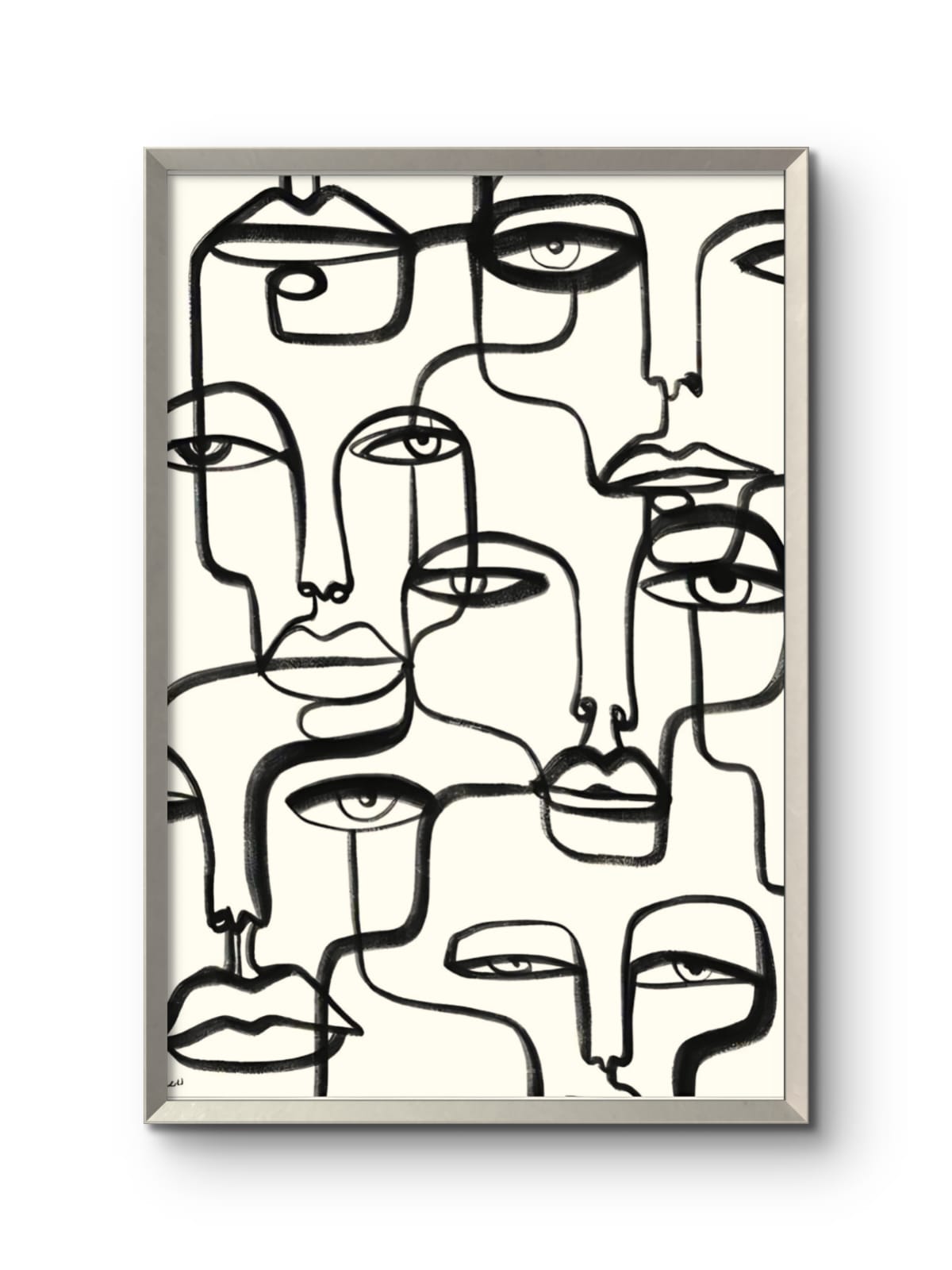 Framed abstract line art of multiple faces on a white background