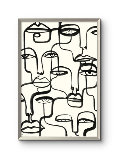 Framed abstract line art of multiple faces on a white background