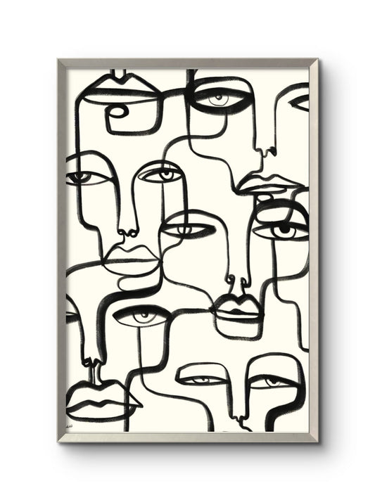 Framed abstract line art of multiple faces on a white background