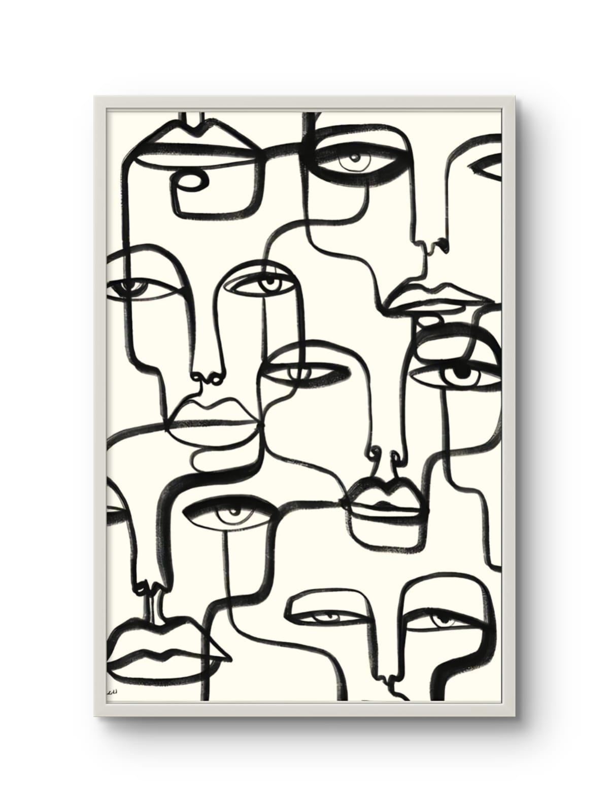 Abstract line art of multiple faces on a white background