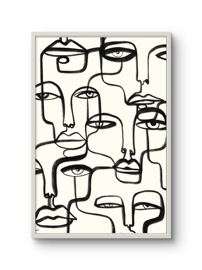 Abstract line art of multiple faces on a white background