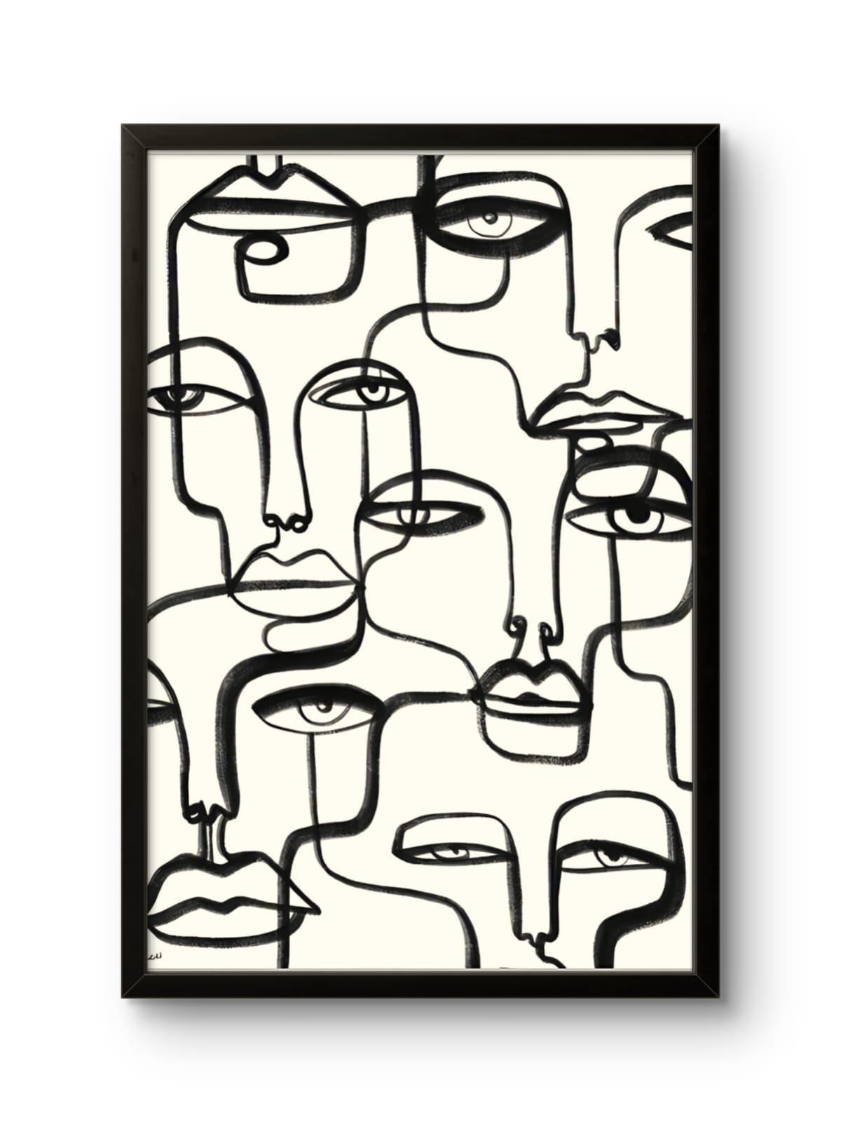 Abstract line art of multiple faces on a white background