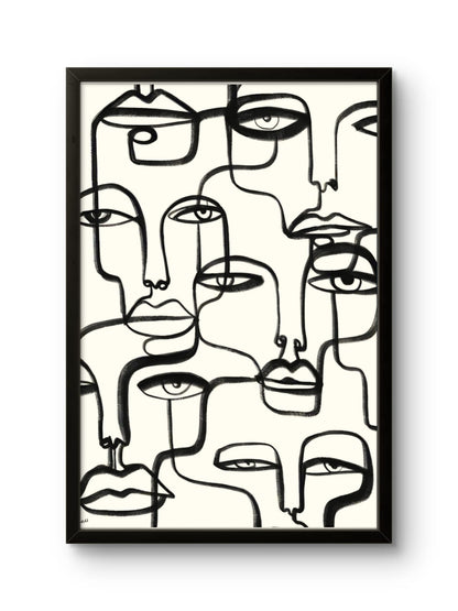 Abstract line art of multiple faces on a white background