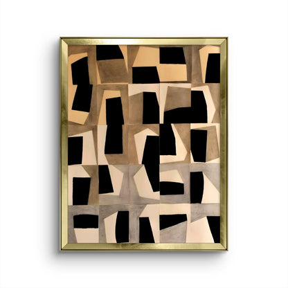 Abstract art piece with geometric shapes in black and beige on a white background