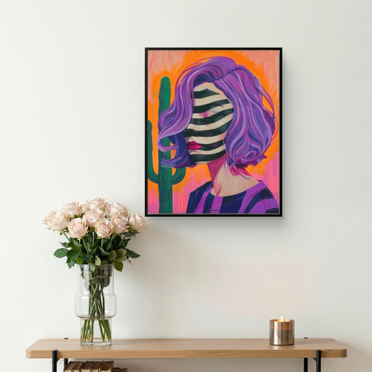 Colorful abstract art print of a person with purple hair on a wall above a wooden console table with decor items.