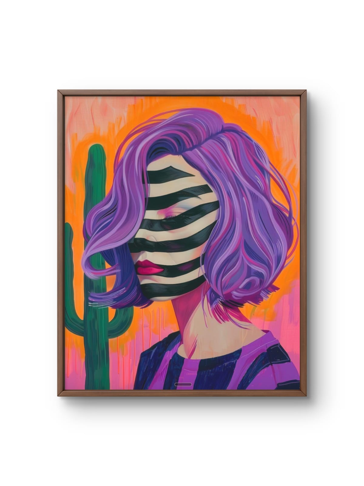 Framed artwork of a person with purple hair and striped face against an orange background