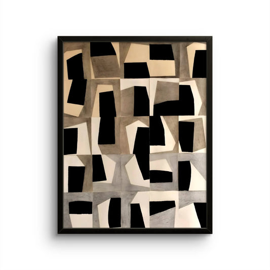 Framed abstract art piece with geometric shapes on a white background