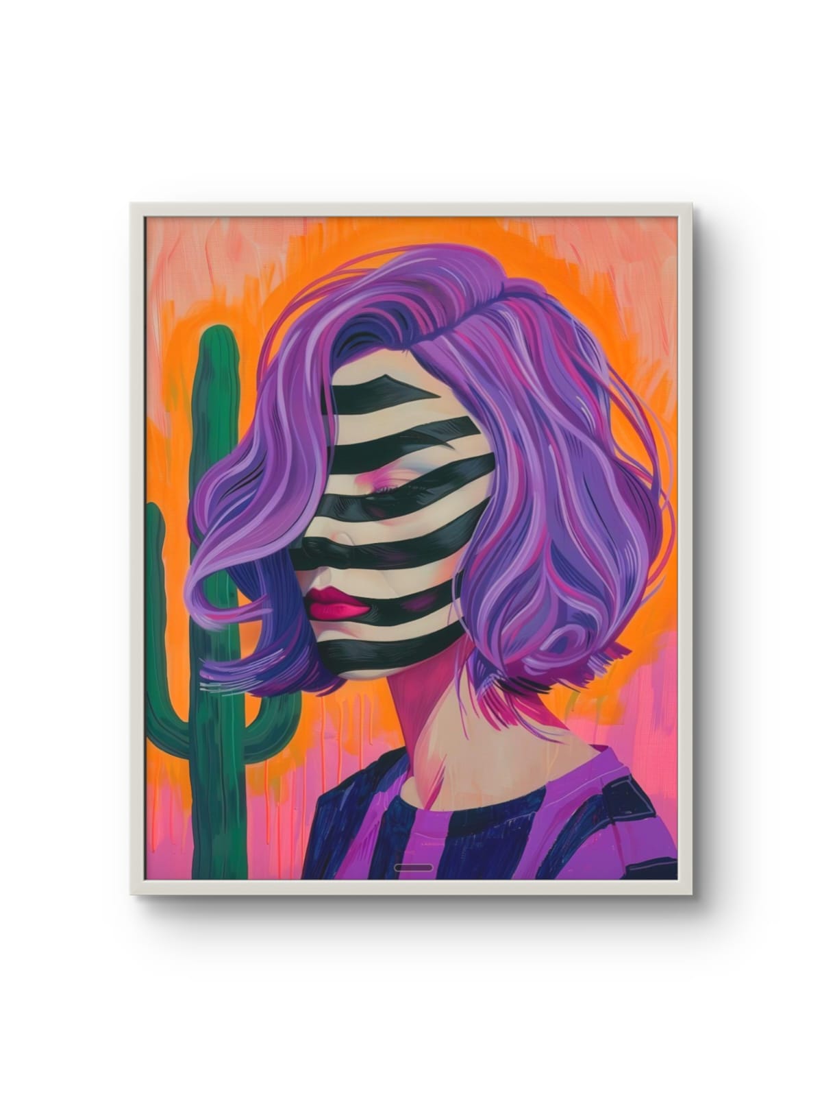 Framed artwork of a person with purple hair and striped face against an orange background