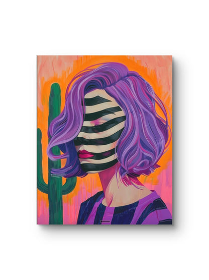 Canvas print with a stylized portrait of a person with purple hair and striped face against an orange and pink background.