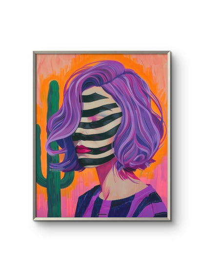 Framed artwork of a person with purple hair and striped face against an orange background