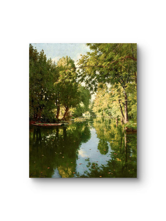 Canvas print of a scenic landscape with trees and water on a white background
