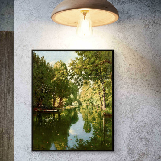 Framed nature print of a lake surrounded by trees on a textured wall above a wooden table with teacups and a teapot.