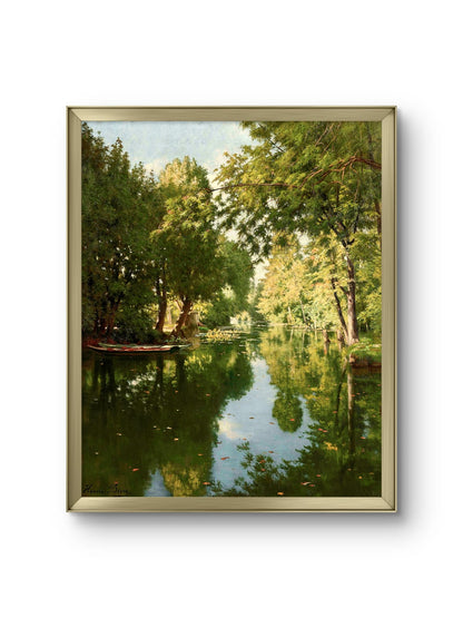 Framed artwork of a serene landscape with trees and water.