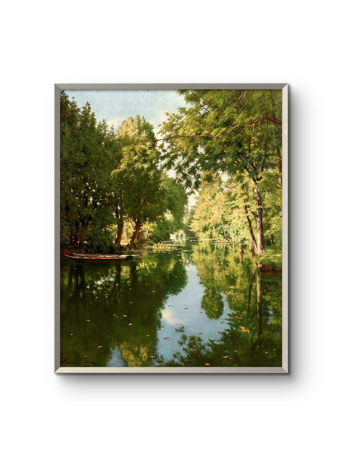 Framed artwork of a serene landscape with trees and a body of water.
