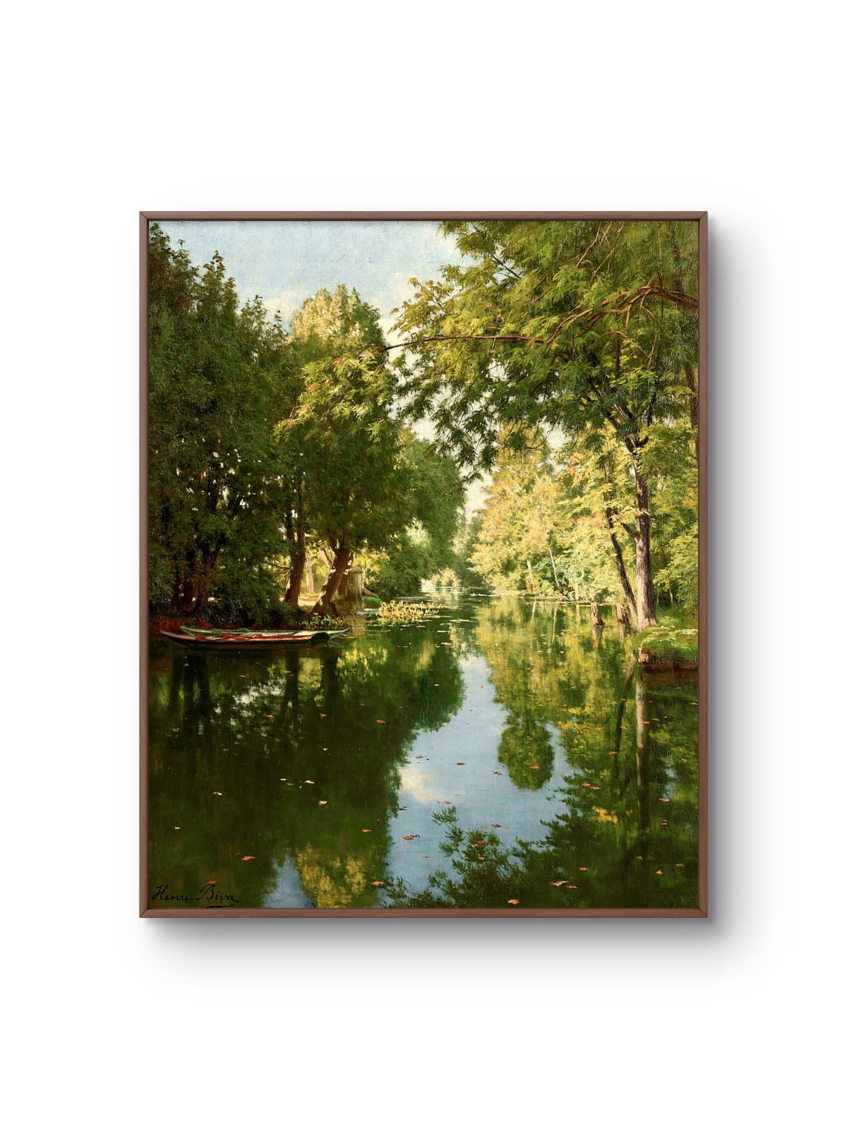 Framed artwork of a serene landscape with trees and water.