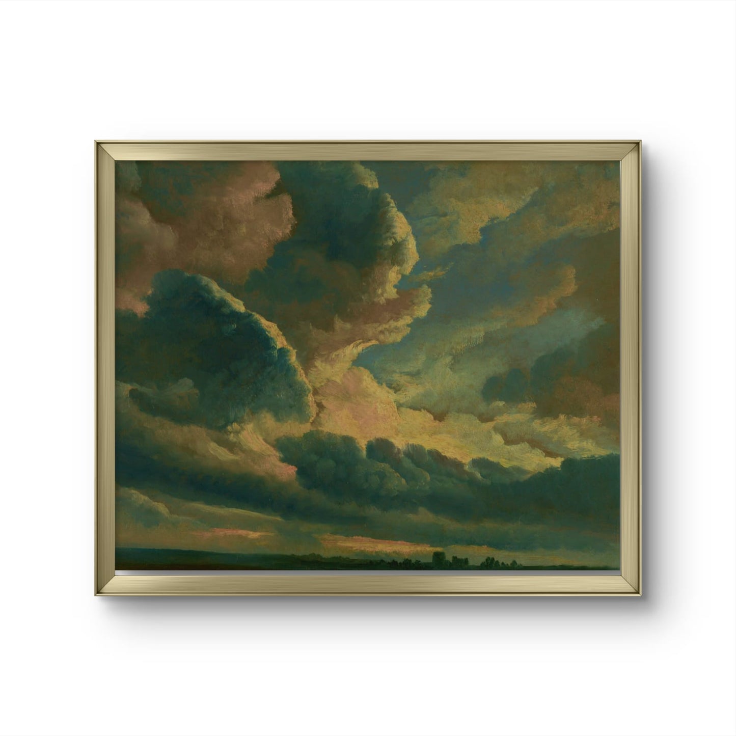 Framed painting of a dramatic sky with clouds on a white wall