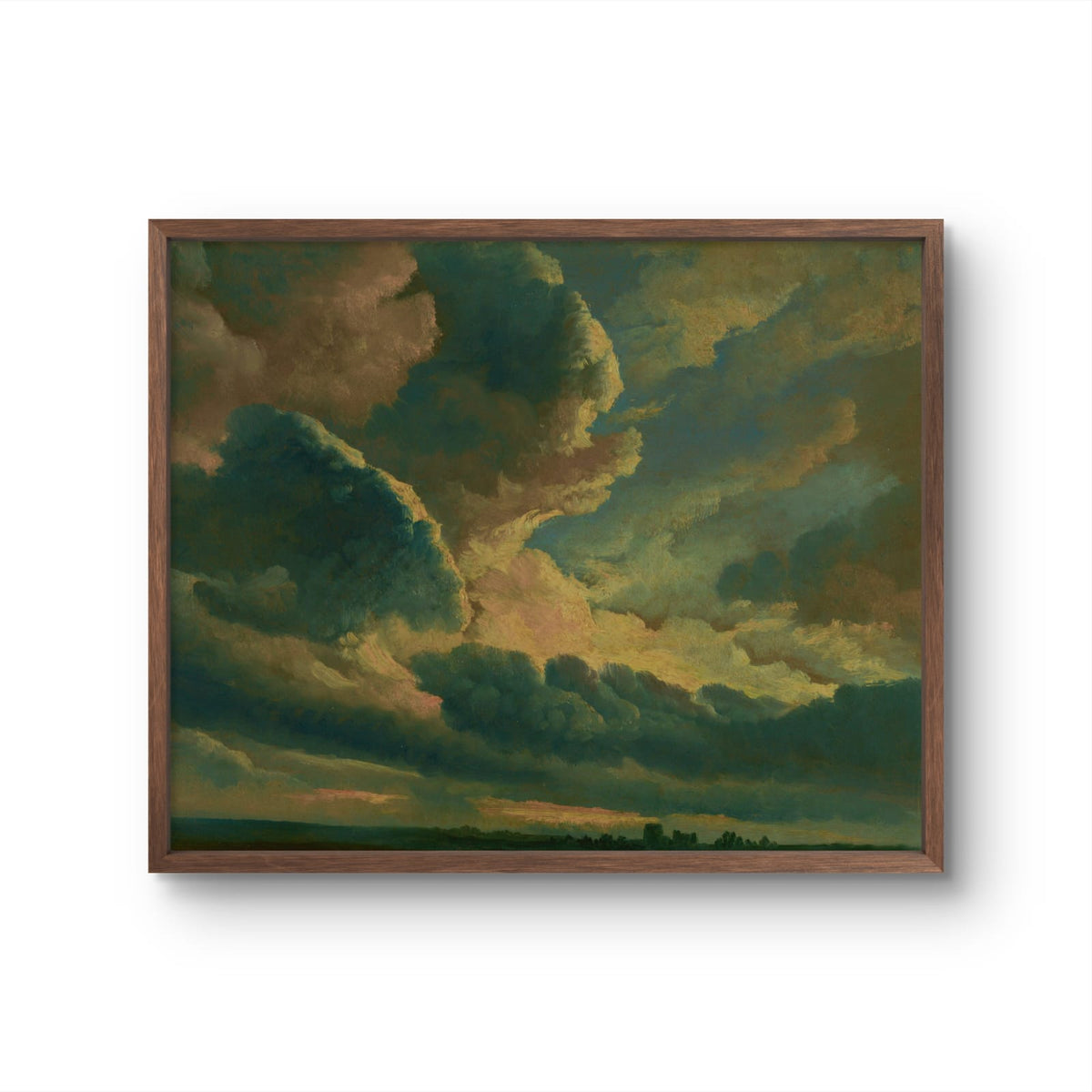 Framed painting of a dramatic sky with clouds on a white wall