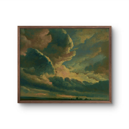 Framed painting of a dramatic sky with clouds on a white wall
