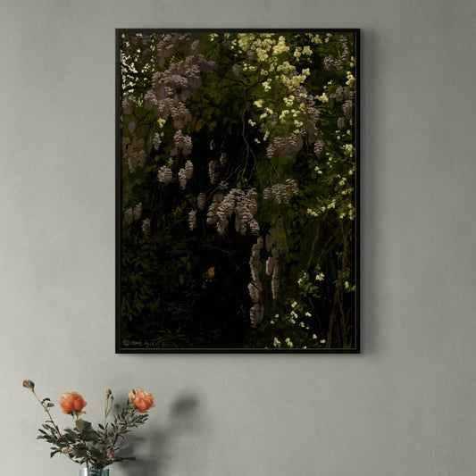 Framed botanical artwork on a wall above a wooden sideboard with decorative items.