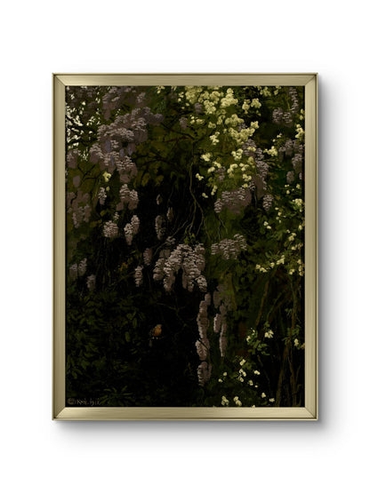 Framed artwork of flowers on a white wall