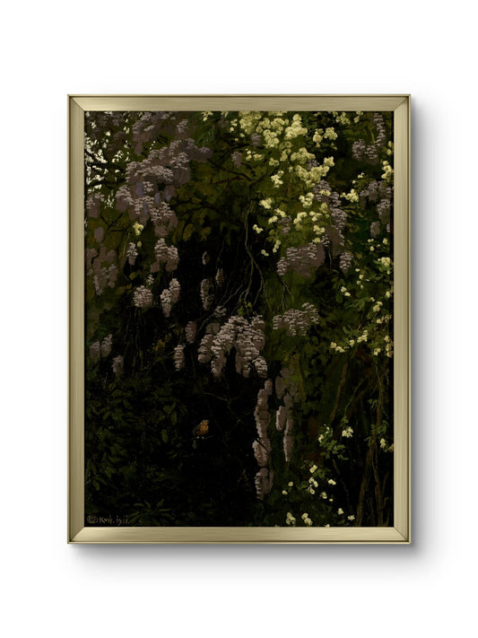 Framed artwork of flowers on a white wall