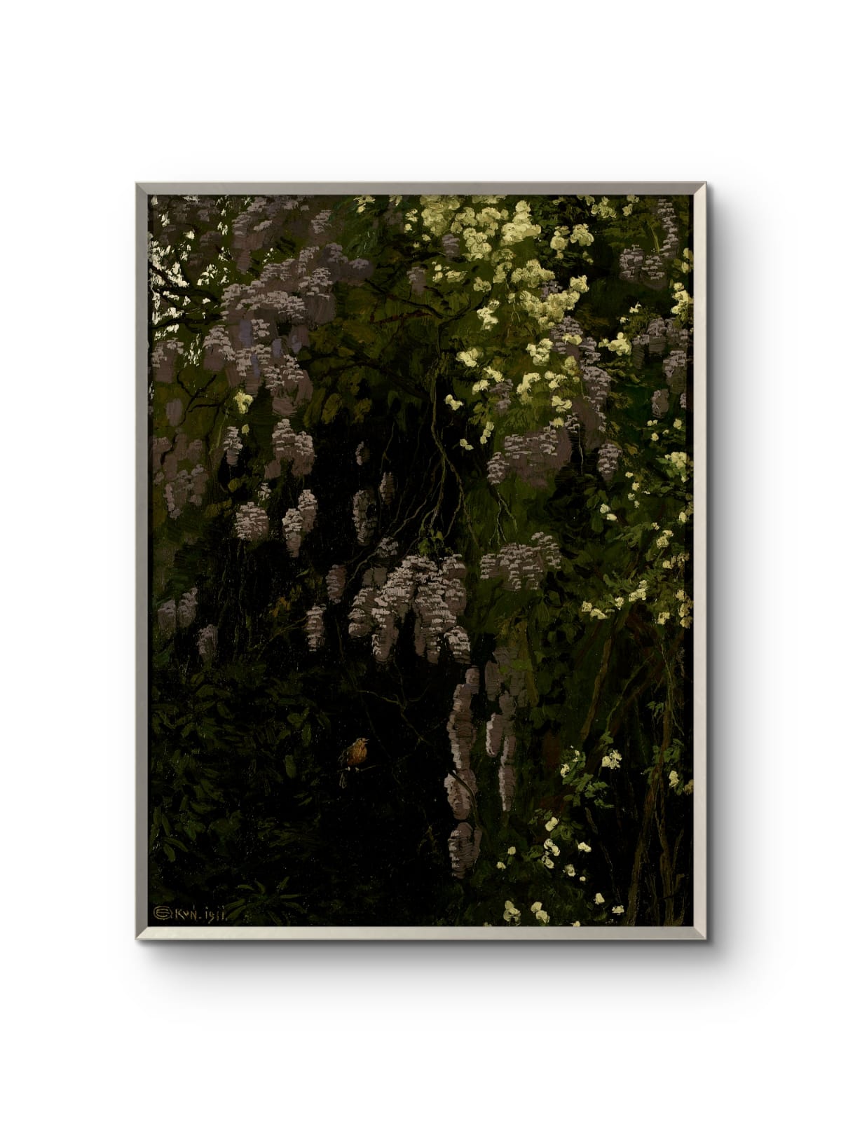 Framed artwork of a garden scene with flowers and a person in the background.