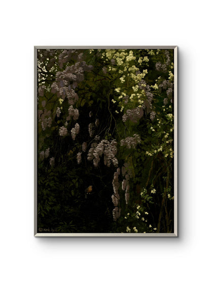 Framed artwork of a garden scene with flowers and a person in the background.
