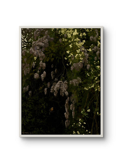 Framed artwork of a garden scene with flowers and foliage.