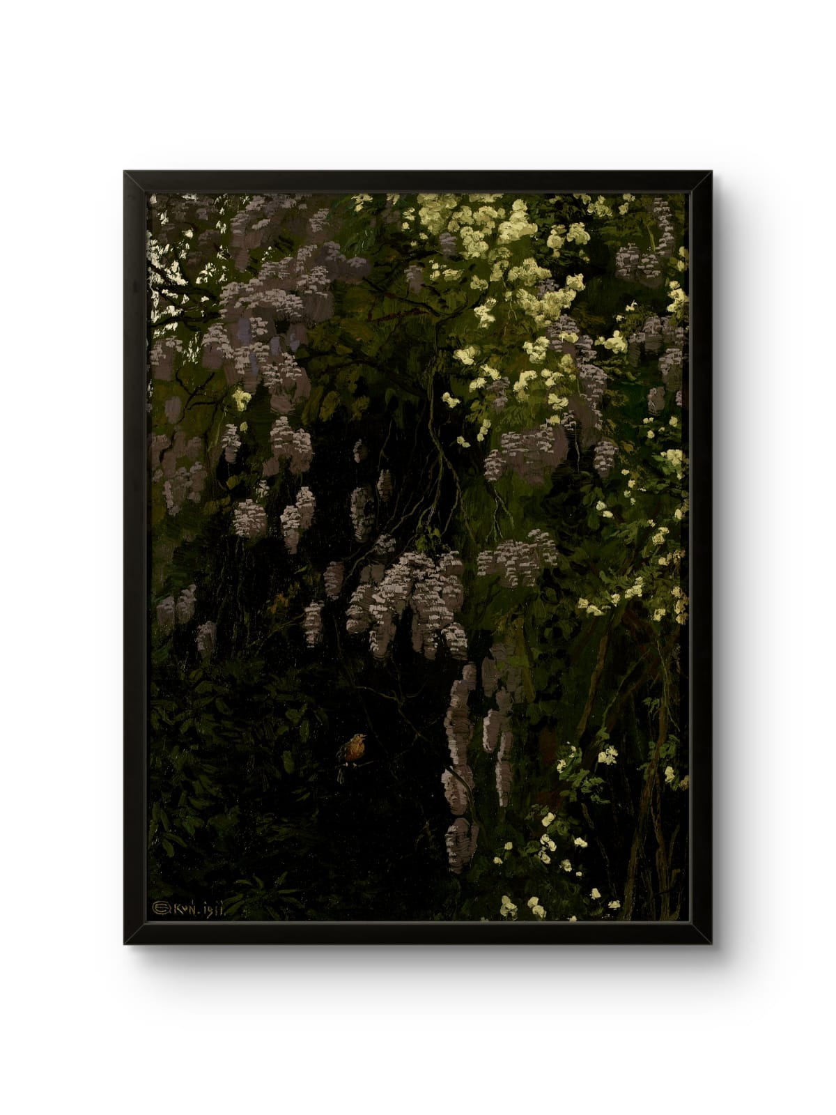 Framed photograph of a garden scene with flowers and foliage.