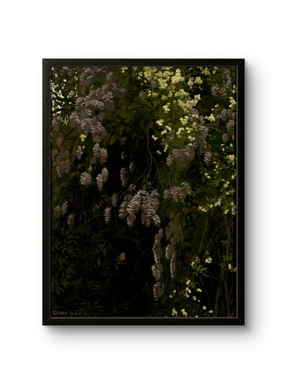 Framed photograph of a garden scene with flowers and foliage.