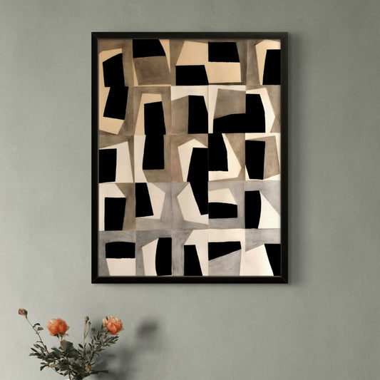 Abstract geometric art piece on a wall above a wooden console table with decorative items.