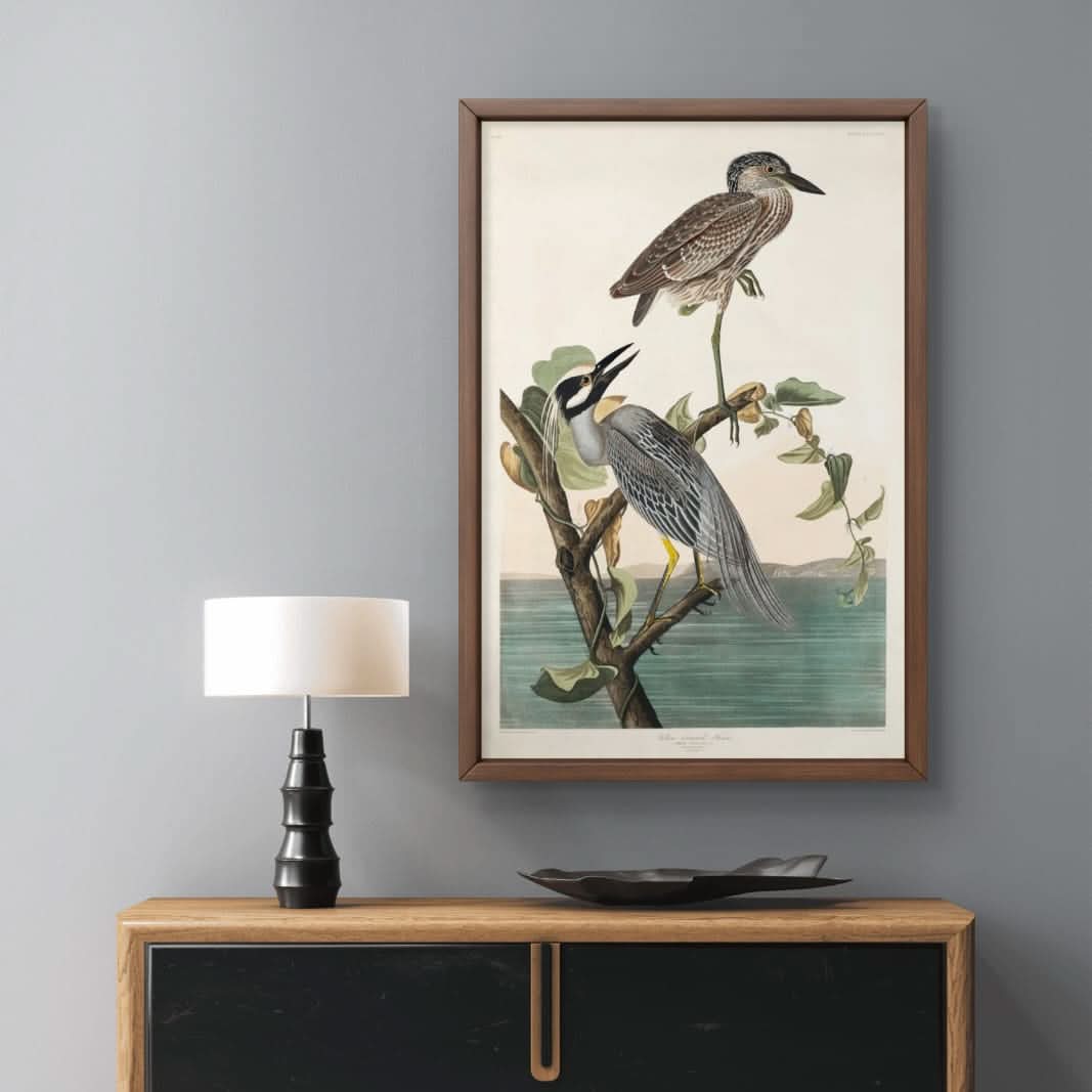 Yellow Crowned Heron - James Audubon abstract art print featuring gold and silver tones
